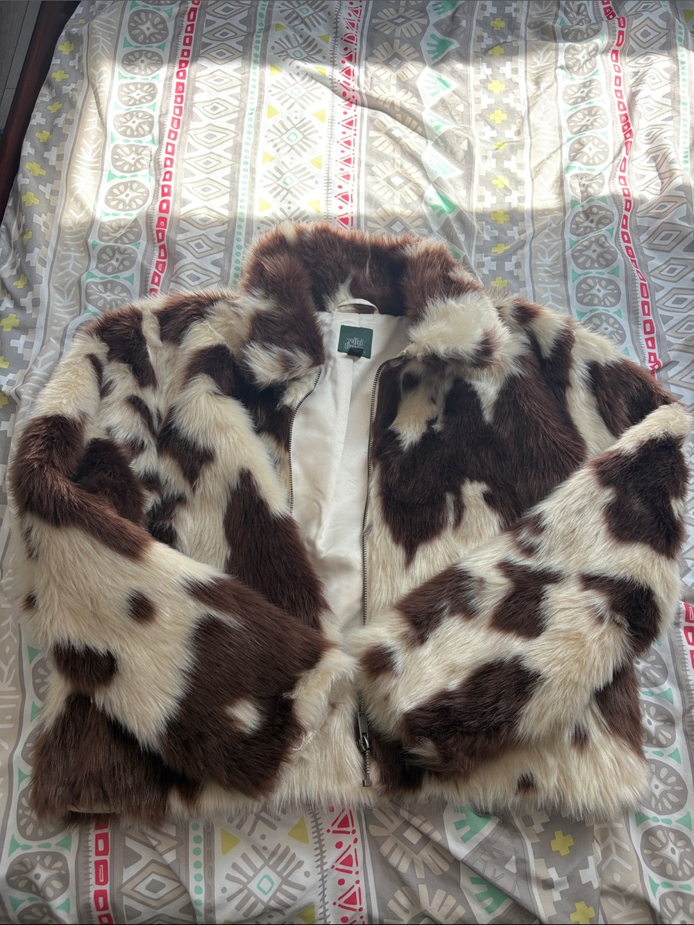 wild fable Faux Fur Cow Print Jacket in Brown and Cream